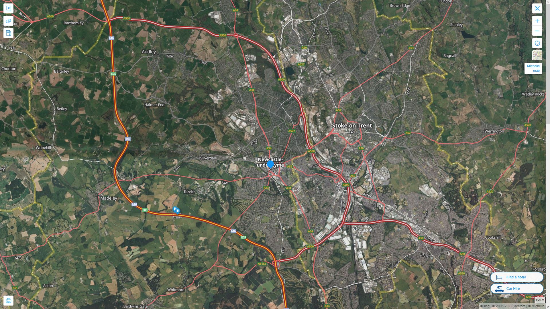 Newcastle under Lyme Royaume Uni Autoroute et carte routiere avec vue satellite